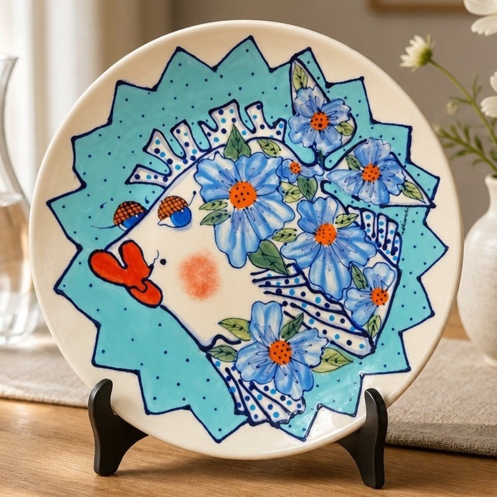 Diane Stoneware Plate 12" Blue Fish Floral Hand-painted Kissing Fish